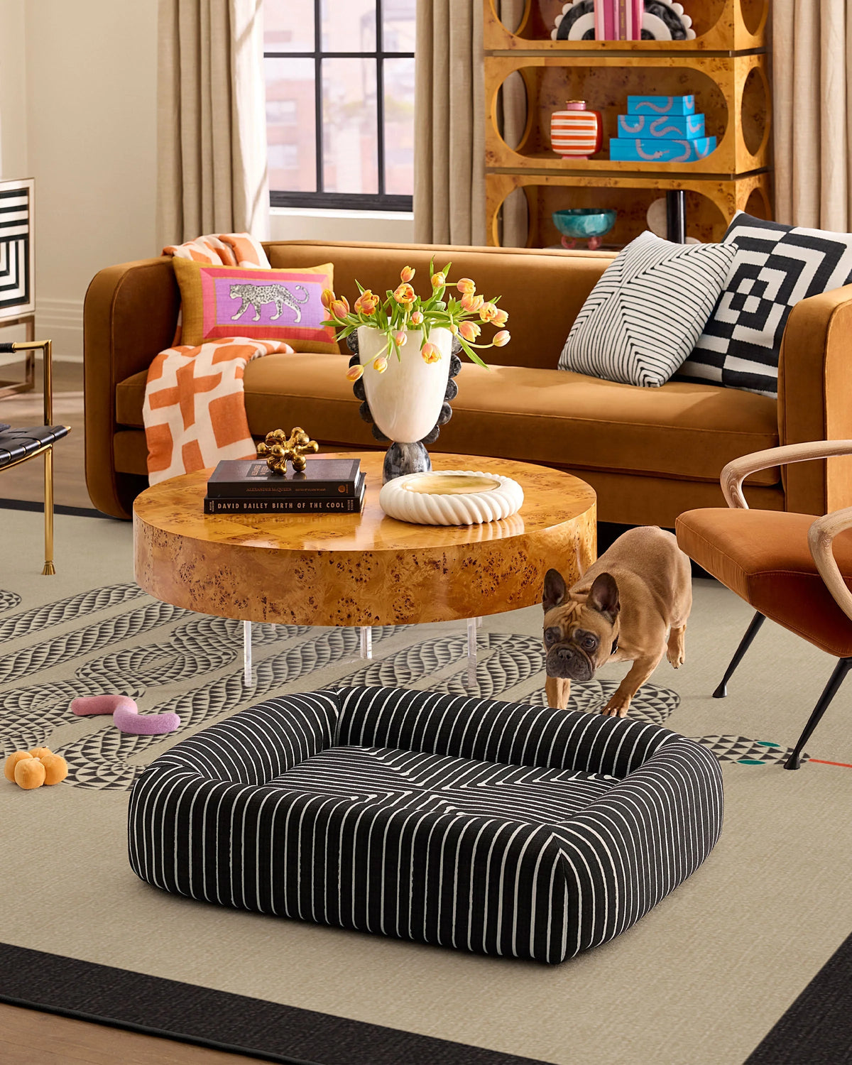 Inkdrop Charcoal Woven Bolster Pet Bed by Jonathan Adler