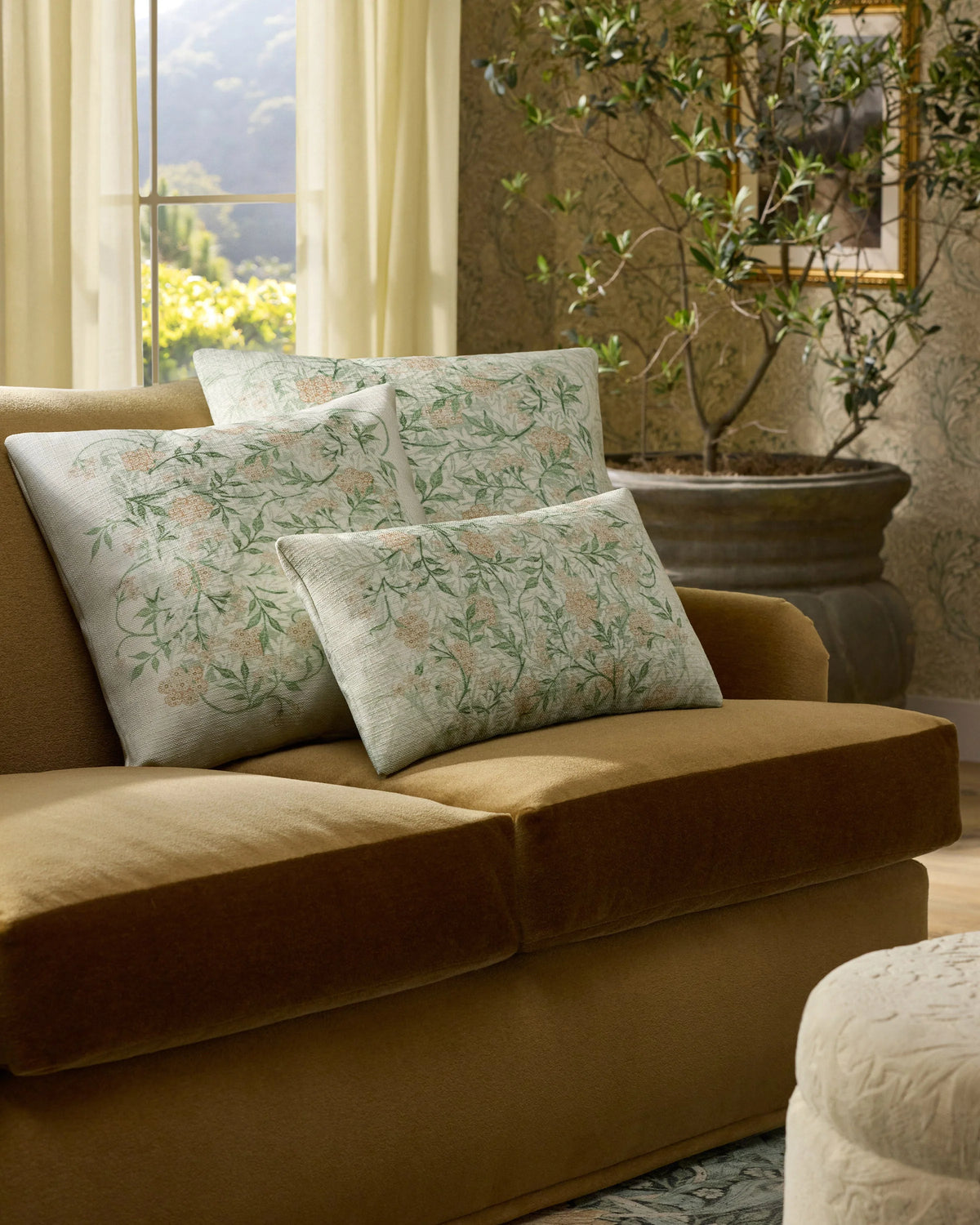 Jasmine Soft Sage Woven Throw Pillow by Morris & Co.