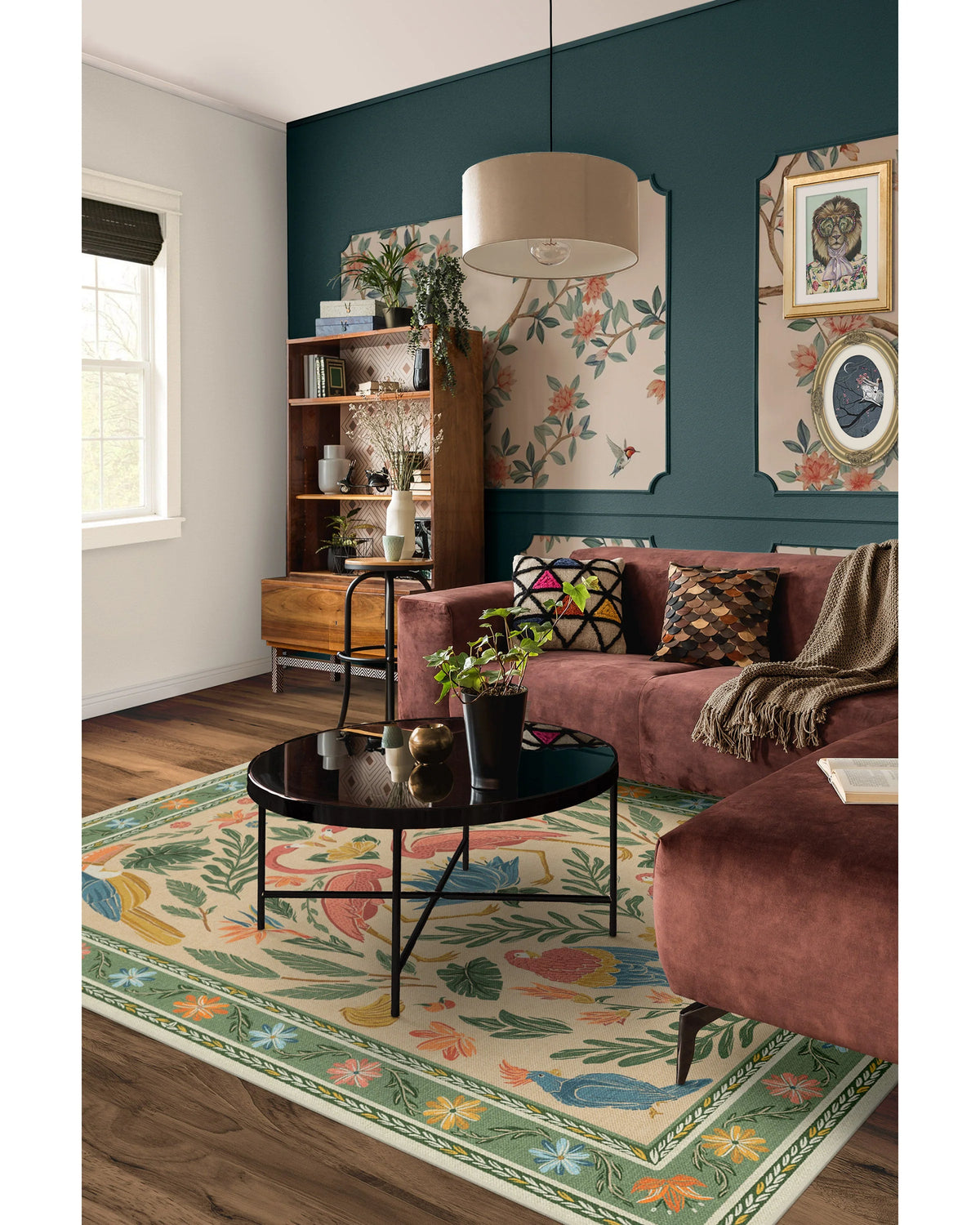 Birds Of A Feather Green & Peach Flatwoven Rug by Iris Apfel